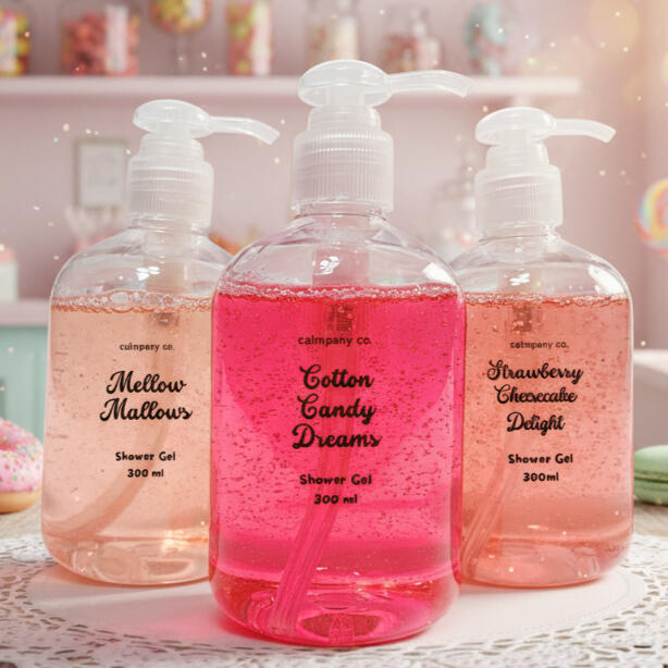 Calmpany Co Delicious Gentle Shower Gel in Cotton Candy Dreams, Mellow Mallows, and Strawberry Cheesecake Delight